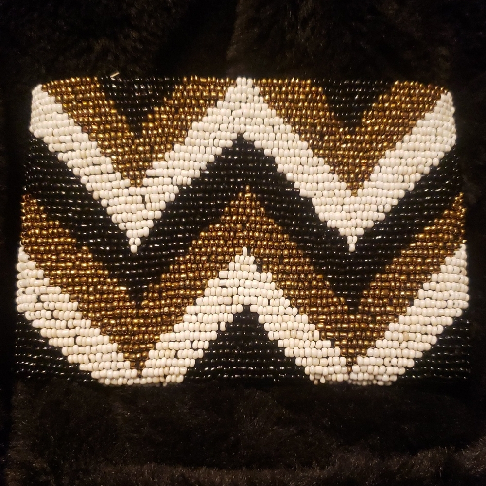 Mini Beaded Coin Purse Blk/Gold/Ivory